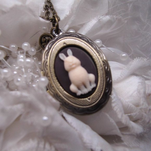Bronze BUNNY Rabbit Cameo locket Necklace Mourning - Picture 3 of 7